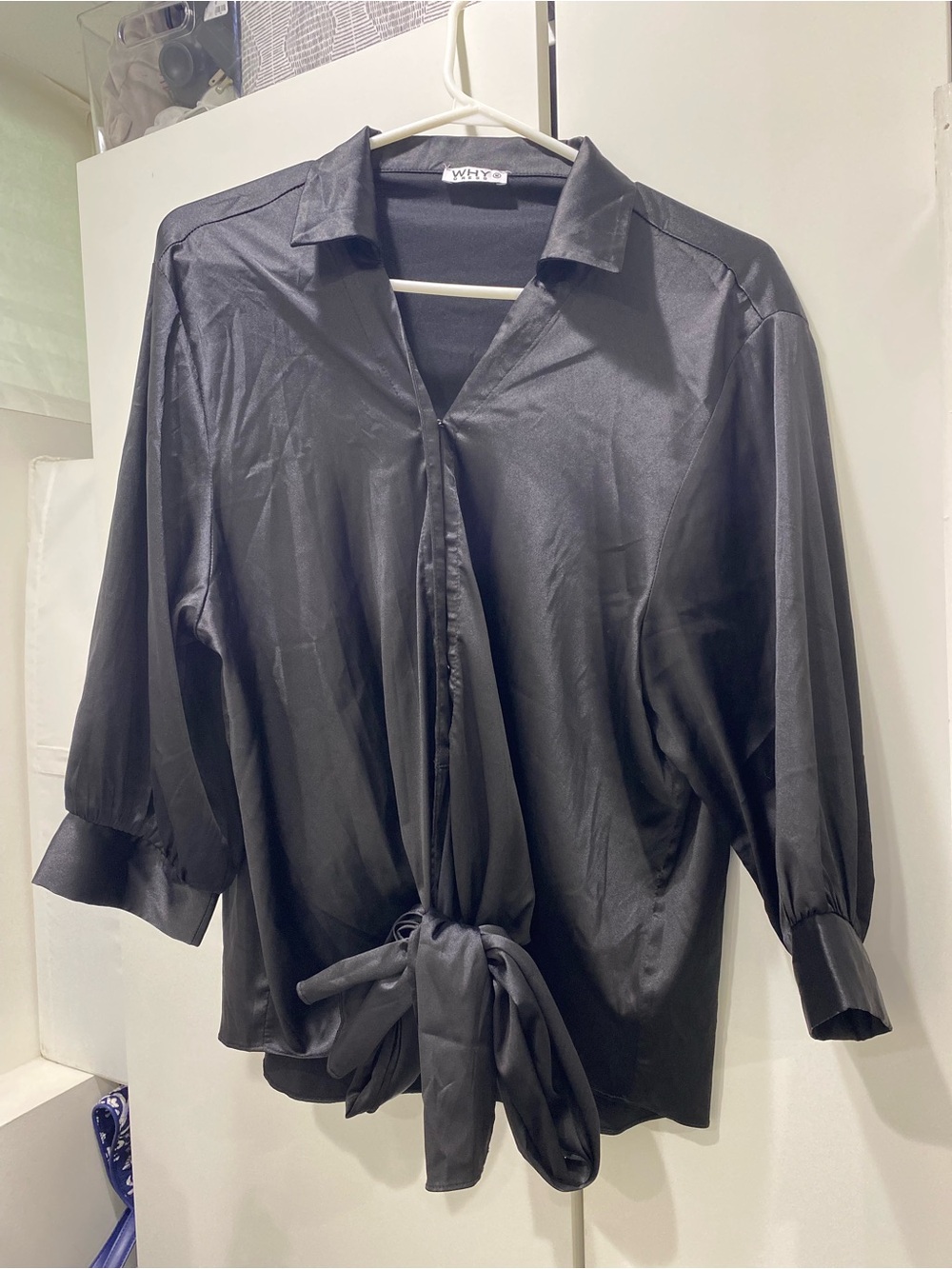WHY Black Satin Tie-Front Blouse